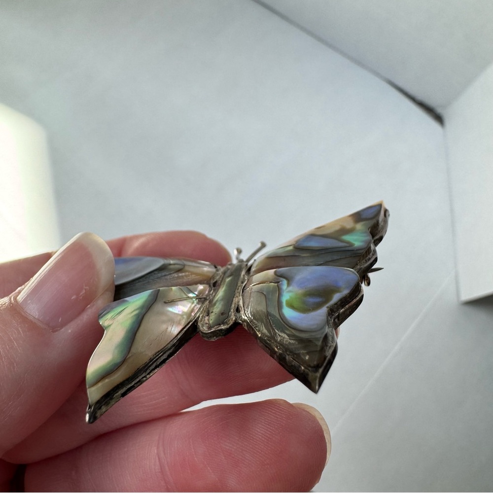 Vintage Mexican Sterling Silver 925 Abalone Butterfly Brooch Blue Green Pin - Picture 10 of 16